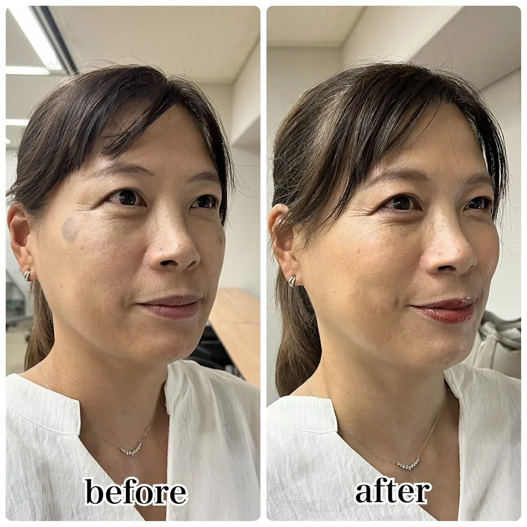 肌の艶感がまったくちがって驚きました。
娘からも肌が綺麗と褒められました。
今までなんとなくで書いていた眉もふんわり太めになることでかなり印象変わるなと思いました。
そして、何より目元！
これが本当にビックリ！
アイラインあるとで印象が変わるのを実感しました。
リップも同じの買おうと思います。
本当にためになる楽しい時間ありがとうございました。